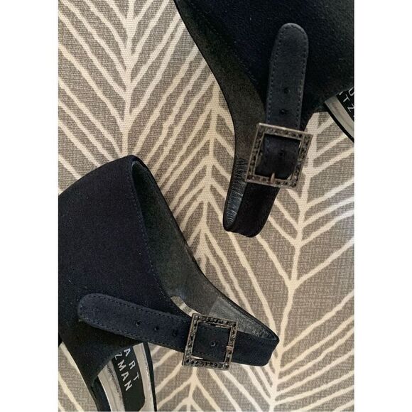 STUART WEITZMAN BLACK SATEEN ROUND TOE buckle DRESSY party PUMPS HEELS SHOES 7.5 - Picture 10 of 12